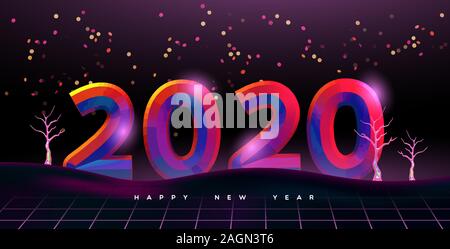 Happy new year 2020 greeting card, retro 80s style 20 number sign on colorful neon light background. Futuristic holiday season hipster party design. Stock Vector