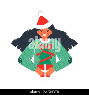 Happy christmas girl holding pine tree gift for eco friendly holiday concept. Cute children character cartoon wearing santa claus hat on isolated whit Stock Vector