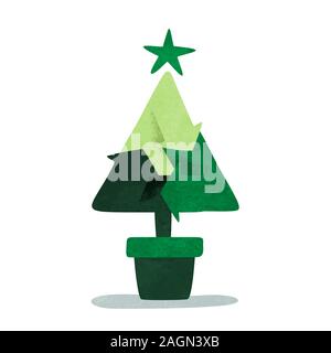 Green christmas pine tree with recycle symbol for eco friendly holiday concept. Environment care awareness illustration on isolated white background. Stock Vector