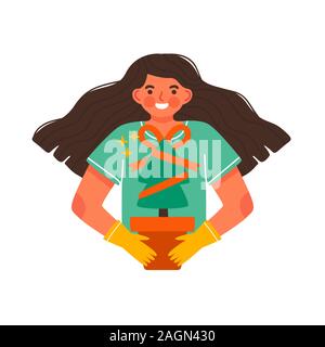 Happy girl kid holding potted plant tree gift for eco friendly concept, natural holiday present illustration. Cute children character cartoon on isola Stock Vector