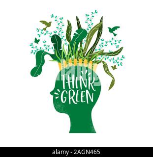 Think green eco friendly concept of human head profile with natural plant garden and wild animals. Hand drawn environment care illustration on isolate Stock Vector