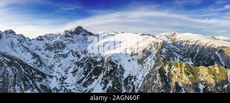Beautiful view from drone to the snow mountain. Mountain peak Maliovica in Rila, Bulgaria Stock Photo
