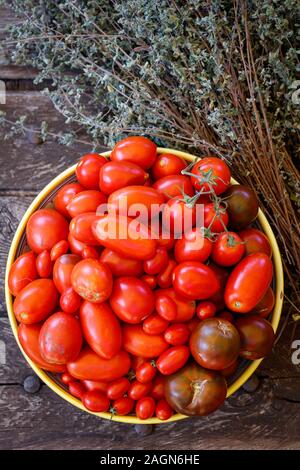 Red tomatoes in bowl on vintage wooden background with large sprig of dried thyme Stock Photo