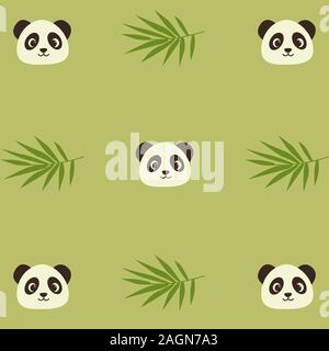 A seamless pattern with bamboo leaves and smiling panda face. Cute animal. Wrapping and fabric print. Colorful backdrop Stock Vector