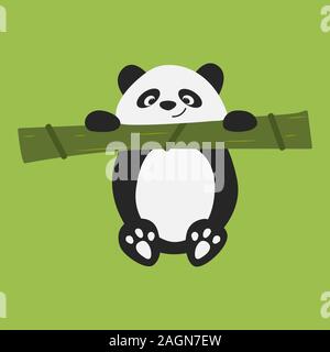 Panda hangs on a branch of bamboo. Cute animal, illustration on a green background Stock Vector