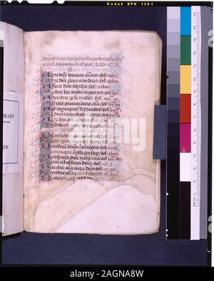 Listed in De Ricci, Seymour, Census of Medieval and Renaissance Manuscripts in the United States and Canada. New York. N.Y.: H.W. Wilson, 1935; and Supplement, New York, N.Y.: Bibliographical Society of America, 1962. Ownership : 19th century bookplate of the comtesse Des Courtils; old woodcut, with La Marck and Cleves arms.  Bequeathed by Anne D. Thomson, 1924. De Ricci, 1333.  Chart by Dr. G.B. Guest. 23 long lines, ruled in red, prickings visible, particularly at the end of the manuscript. Parchment 3 full-page miniatures and 28 small miniatures of the Fouquet school. 1-line blue and gold i Stock Photo