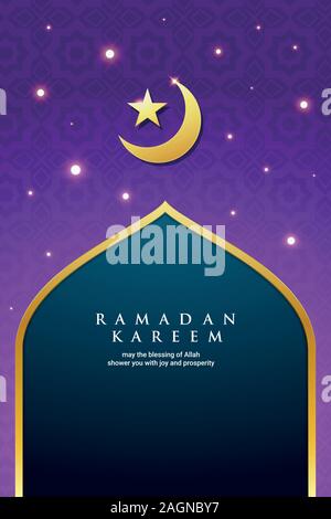 Ramadan Kareem Greeting Card on Purple Background. Stock Vector