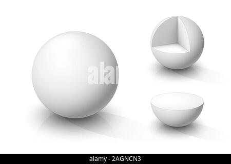 White sphere, cutaway sphere and hemisphere . Vector illustration Stock Vector