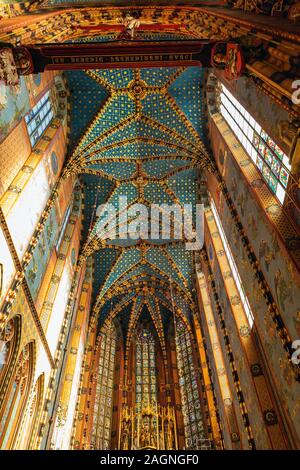 St Mary Basilica Interior in Krakow, Poland. St Marys Basilica interior, Mariacki Church Gothic and Baroque ornamentation. Stock Photo