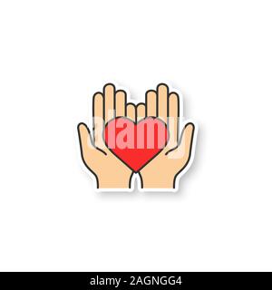 Charity patch. Life insurance. Hands holding heart. Medicine and healthcare color sticker. Vector isolated illustration Stock Vector