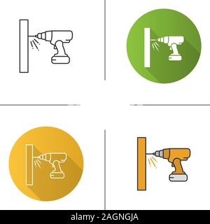 Cordless drill icon. Portable electric screwdriver. Flat design, linear and color styles. Isolated vector illustrations Stock Vector