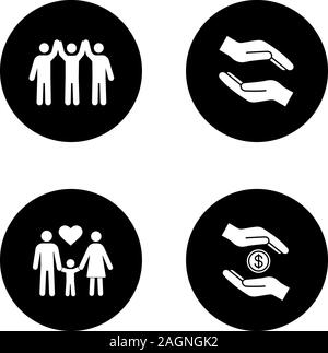 Charity glyph icons set. Helping hands, adoption, charity organization. Vector white silhouettes illustrations in black circles Stock Vector