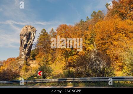 Pieskowa Skala Castle. Sunrise at Pieskowa Skala Castle among autumn trees, Poland. Stock Photo