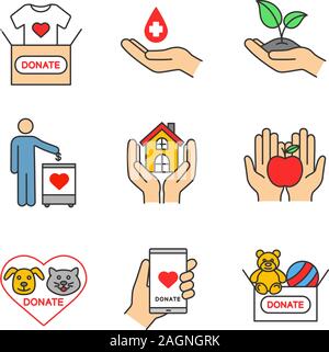 Charity color icons set. Blood, toys, clothes, food donation, greening, fundraising, shelter for homeless, animals welfare, smartphone donation app. I Stock Vector