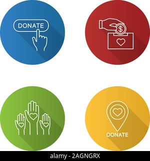 Charity flat linear long shadow icons set. Donation box, unity in diversity, charity organiazation location, donate click button. Vector outline illus Stock Vector