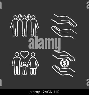 Charity chalk icons set. Helping hands, adoption, charity organization. Isolated vector chalkboard illustrations Stock Vector