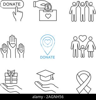 Charity linear icons set. Thin line contour symbols. Donate button, fundraising, charity organization location, family, gift, free education, anti HIV Stock Vector