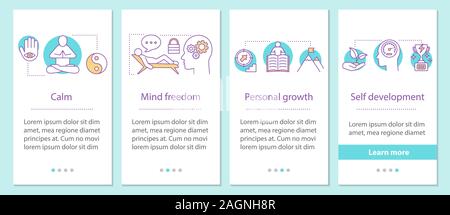 Psychology onboarding mobile app page screen with linear concepts. Calm, mind freedom, personal growth, self development steps graphic instructions. U Stock Vector