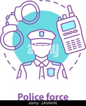 Police force concept icon. Law enforcement idea thin line illustration. Policeman, walkie talkie, handcuffs. Vector isolated outline drawing Stock Vector