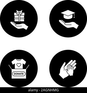 Charity glyph icons set. Present, affordable or free education, clothes donation, charity for children. Vector white silhouettes illustrations in blac Stock Vector