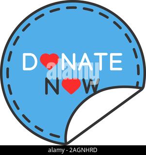 Donate now round sticker color icon. Donation making. Charity sticky label. Isolated vector illustration Stock Vector