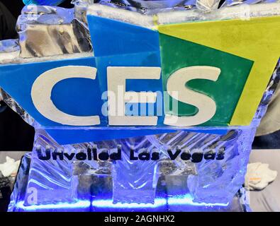Ice sculpture with logo of CES Unveiled special showcase event held at CES, Consumer Electronics Show, Las Vegas, Nevada, USA Stock Photo