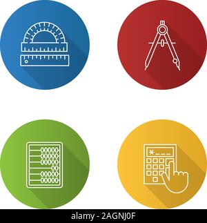 Mathematics flat linear long shadow icons set. Protractor, ruler, drawing compass, abacus, calculator. Vector outline illustration Stock Vector