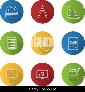 Mathematics flat linear long shadow icons set. Geometry and algebra. Drafting tools, textbook, abacus, calculator. Vector outline illustration Stock Vector