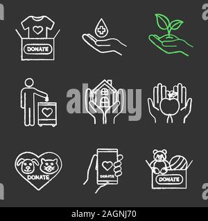 Charity chalk icons set. Blood, toys, clothes, food donation, greening, fundraising, shelter for homeless, animals welfare, smartphone donation app. I Stock Vector