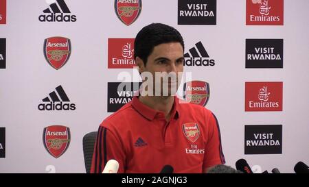 Screen grab taken from PA Video of Arsenal manager Mikel Arteta speaking to the media during a press conference at The Emirates Stadium, London. Stock Photo