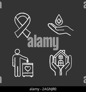 Charity chalk icons set. Fundraising, anti HIV ribbon, blood donation, shelter for homeless. Isolated vector chalkboard illustrations Stock Vector