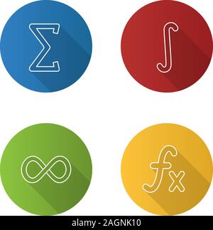 Mathematics flat linear long shadow icons set. Sigma, integral, infinity sign, function. Vector outline illustration Stock Vector