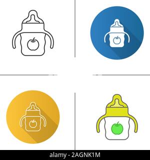 Baby sippy cup icon. Child feeding bottle. Flat design, linear and color styles. Isolated vector illustrations Stock Vector