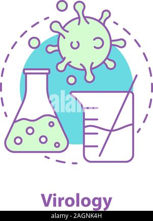 Virology concept icon. Science lab idea thin line illustration. Study of viruses. Laboratory flask and beaker, virus cell. Vector isolated outline dra Stock Vector