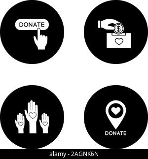 Charity glyph icons set. Donation box, unity in diversity, charity organiazation location, donate click button. Vector white silhouettes illustrations Stock Vector