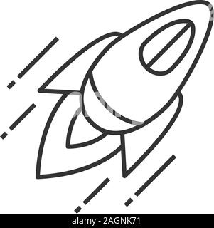 Rocket linear icon. Thin line illustration. Startup launch. Flying spaceship. Contour symbol. Vector isolated outline drawing Stock Vector