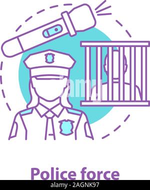 Police force concept icon. Law enforcement idea thin line illustration. Policewoman, flashlight, prisoner. Vector isolated outline drawing Stock Vector