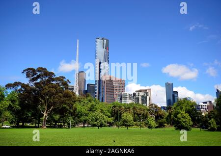 Melbourne, VIC, Australia - November 04, 2017: Skyline with Euraka tower, spire of Arts Center Melbourne and other buildings Stock Photo