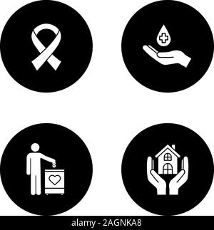 Charity glyph icons set. Fundraising, anti HIV ribbon, blood donation, shelter for homeless. Vector white silhouettes illustrations in black circles Stock Vector
