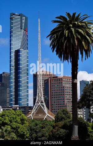 Melbourne, VIC, Australia - November 04, 2017: Skyline with Euraka tower, spire of Arts Center Melbourne and other buildings Stock Photo