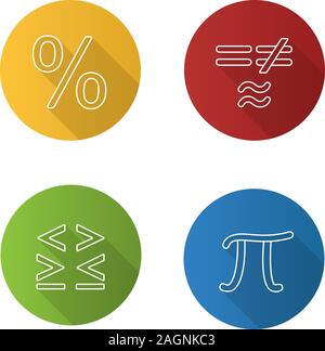 Mathematics flat linear long shadow icons set. Pi, percent, equality and inequalities signs. Vector outline illustration Stock Vector