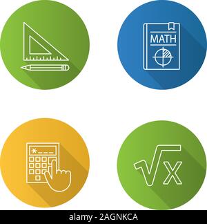 Mathematics flat linear long shadow icons set. Triangular ruler and pencil, math textbook, calculator, square root of x. Vector outline illustration Stock Vector