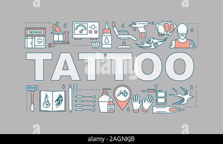 Tattoo studio word concepts banner. Piercing service. Tattoo sketches, instruments, equipment. Isolated lettering typography idea with linear icons. V Stock Vector