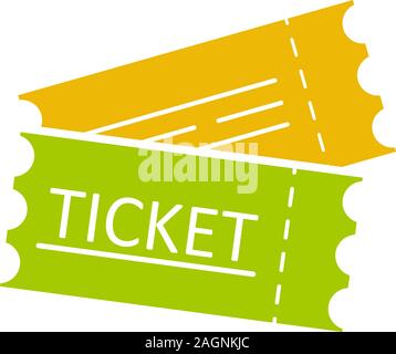 Tickets flat glyph color icon. Cinema, flight or sport event tickets. Silhouette symbol on white background with no outline. Negative space. Vector il Stock Vector