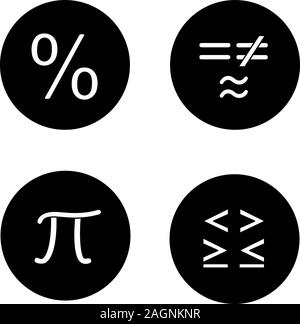 Mathematics glyph icons set. Pi, percent, equality and inequalities signs. Vector white silhouettes illustrations in black circles Stock Vector