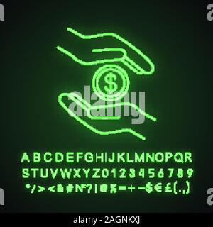 Charity neon light icon. Donation glowing sign. Islamic zakat. Helping hands. Alms-giving. Vector isolated illustration Stock Vector