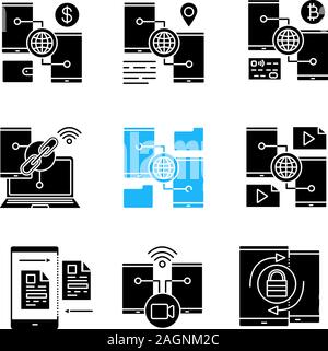 Smartphone glyph icons set. Dollar and bitcoin wallets, GPS navigation, link, content sharing, file upload, video message, password. Silhouette symbol Stock Vector