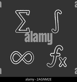 Mathematics chalk icons set. Sigma, integral, infinity sign, function. Isolated vector chalkboard illustrations Stock Vector