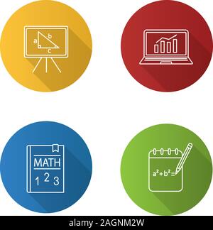 Mathematics flat linear long shadow icons set. Rough draft, math textbook, whiteboard, statistics. Vector outline illustration Stock Vector