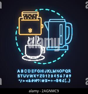Kitchen electronics store neon light concept icon. Cooking appliances idea. Electric kettle, toaster and tea cup. Glowing sign with alphabet, numbers Stock Vector